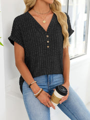 Black ribbed knit v-neck t-shirt with short sleeves and three button details