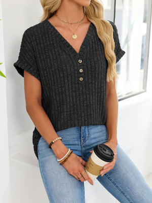 Black ribbed knit v-neck t-shirt with short sleeves and three button details
