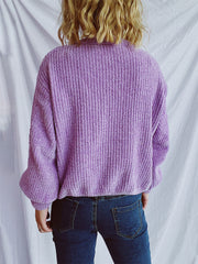 Lavender ribbed knit relaxed crewneck pullover sweater with balloon sleeves.