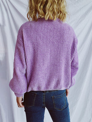 Lavender ribbed knit relaxed crewneck pullover sweater with balloon sleeves.
