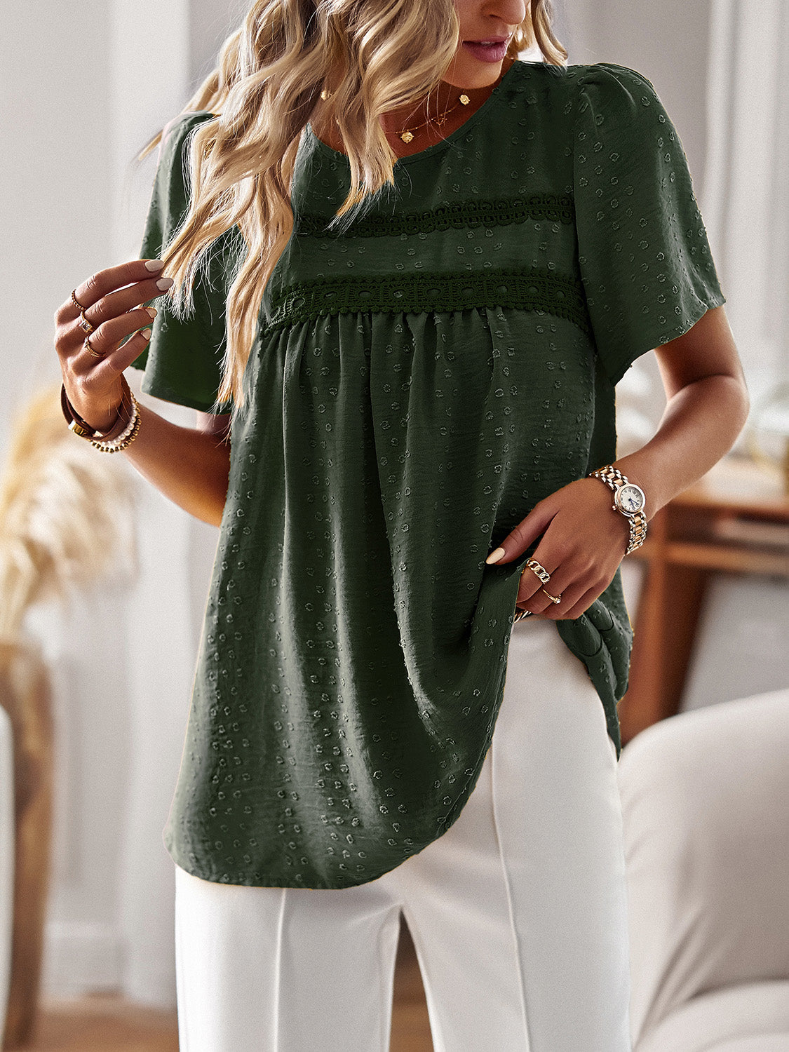 Textured puff sleeve yoke top in Black Forest with lace trim and short sleeves.