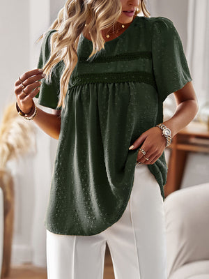Textured puff sleeve yoke top in Black Forest with lace trim and short sleeves.