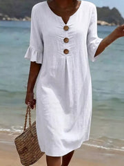 Full Size Casual Button Midi Dress With Ruffle Sleeves in Yellow, front view