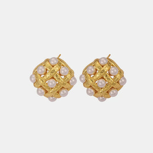 Gold woven pearl grid earrings with textured metal and pearl accents.