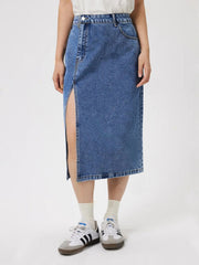 High-slit denim midi skirt in medium blue cotton with a front slit.