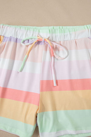 Striped lounge shorts with drawstring waist and pastel rainbow colors.
