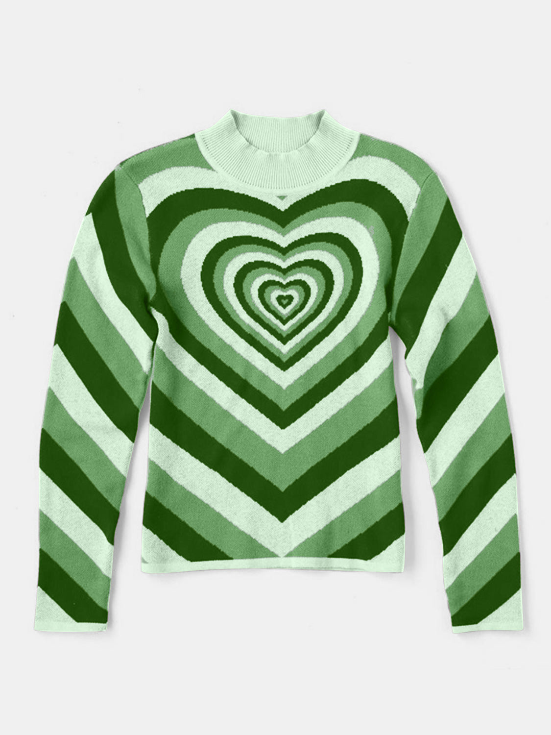Light Green Heartbeat Stripe Mock Neck Knit Sweater with concentric heart pattern and chevron stripes.