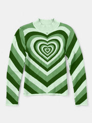 Light Green Heartbeat Stripe Mock Neck Knit Sweater with concentric heart pattern and chevron stripes.