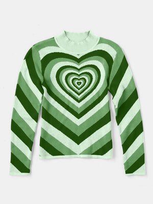 Light Green Heartbeat Stripe Mock Neck Knit Sweater with concentric heart pattern and chevron stripes.