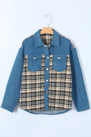 Denim shirt jacket with plaid panels and chest pockets.