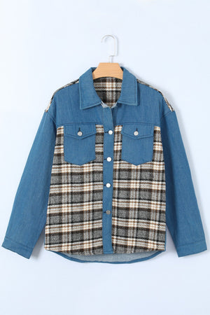 Denim shirt jacket with plaid panels and chest pockets.