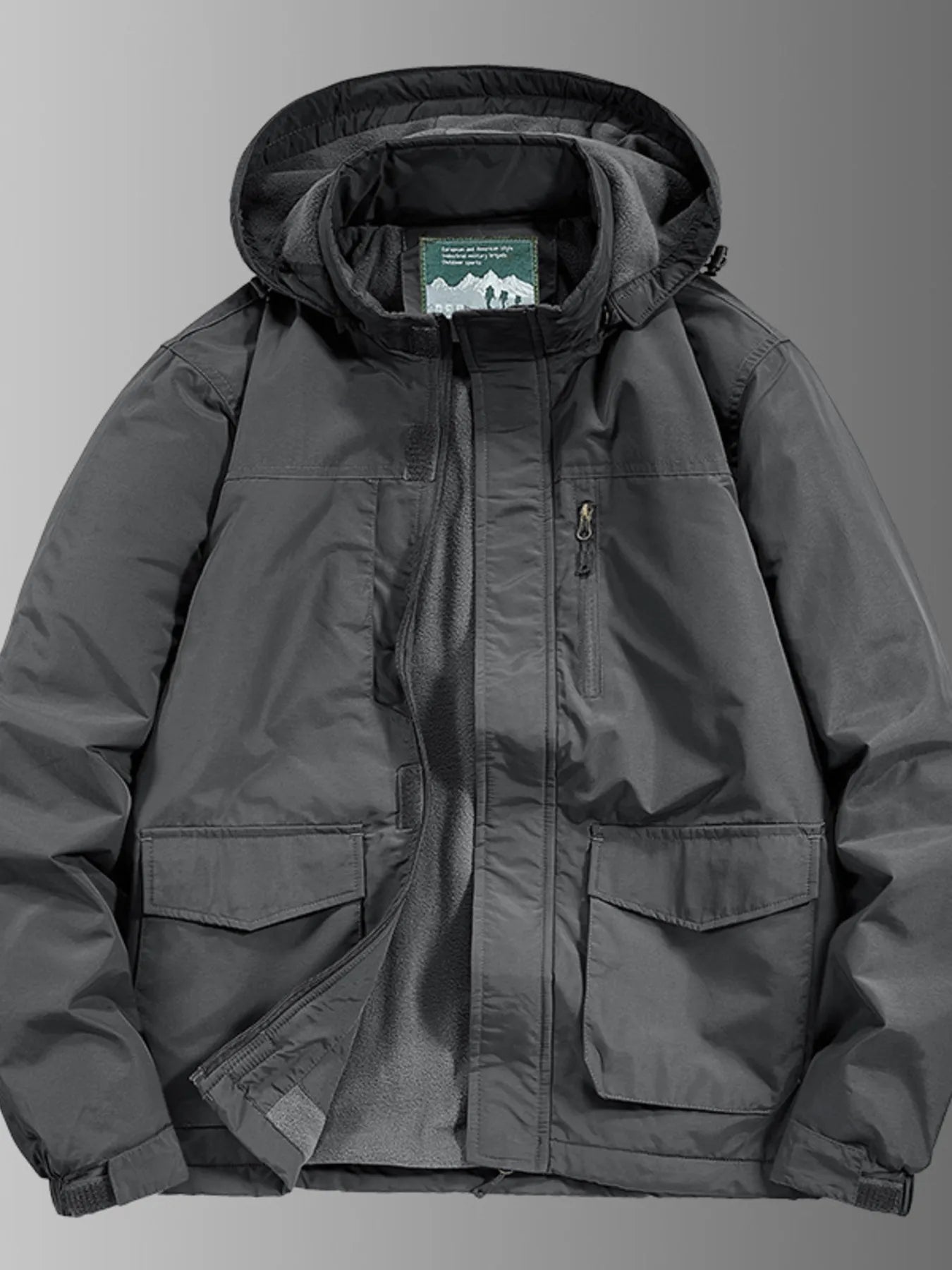 Plus-size gray hooded waterproof jacket with fleece lining and four front pockets.