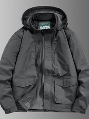 Plus-size gray hooded waterproof jacket with fleece lining and four front pockets.