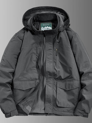 Plus-size gray hooded waterproof jacket with fleece lining and four front pockets.