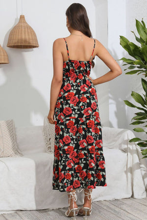 Floral print maxi dress with spaghetti straps and tiered skirt.