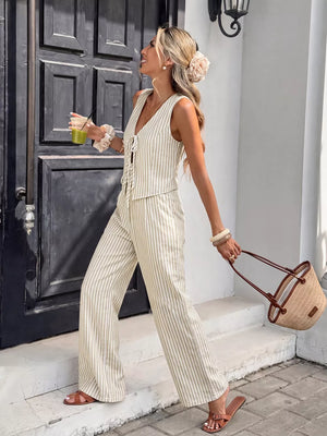 Chic striped two-piece vest and pants set in cotton with lace-up vest detail.