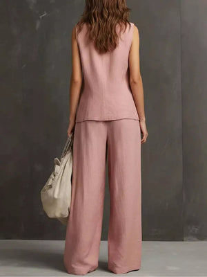 Sleeveless Buttoned Vest And Wide-leg Pants Set, close-up detail