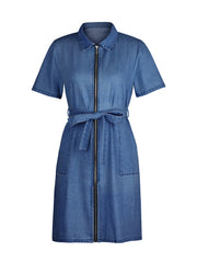 Light blue denim shirtdress with short sleeves, zip front, and tie belt.