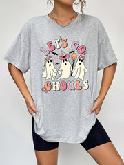 Grey graphic t-shirt with retro ghosts and "Let's Go Ghouls" text.