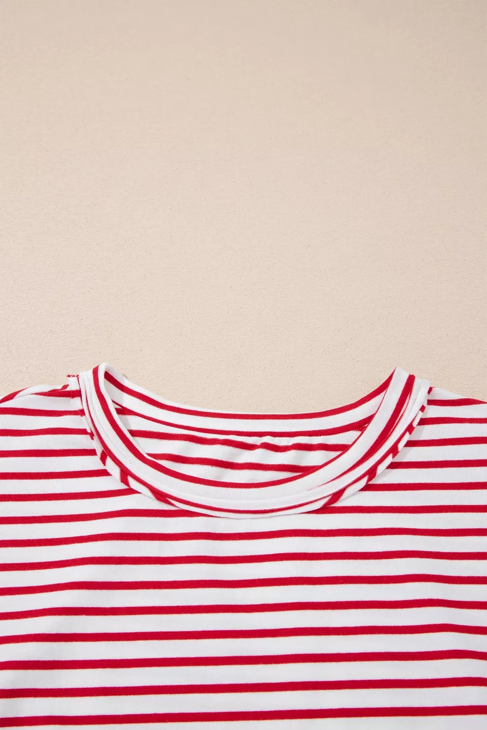 Maternity red and white striped cotton t-shirt with crew neck and short puff sleeves.
