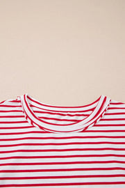 Maternity red and white striped cotton t-shirt with crew neck and short puff sleeves.