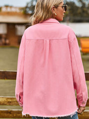 Frayed edge overshirt in carnation pink with button cuffs and patch pockets.