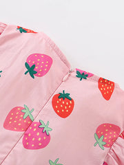 Pink cotton blend baby dress with strawberry print and puff sleeves.