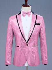 Pink sequin one button blazer with black lapel trim and matching bow tie.