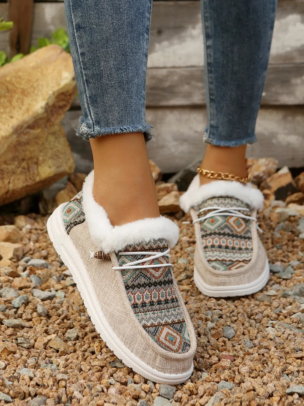 Southwestern print faux fur lined loafers in Taupe with white laces and trim.