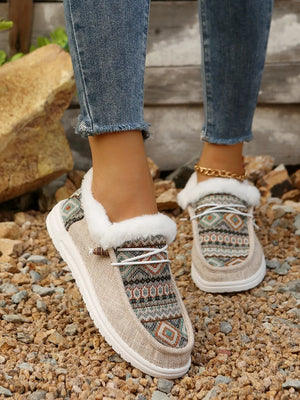 Southwestern print faux fur lined loafers in Taupe with white laces and trim.