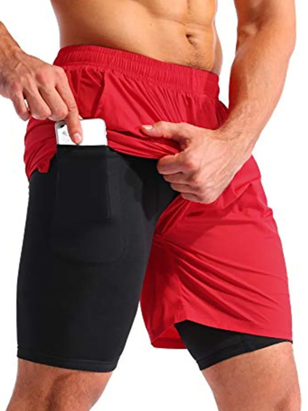 Red dual-layer training shorts with black compression liner and phone pocket.