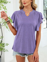 Purple ruffled sleeve notched V-neck tee with gathered neckline detail.