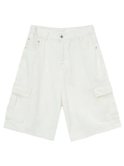 Ivory baggy cargo Bermuda shorts with buttoned front and side pockets.