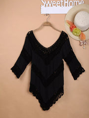 Black chevron crochet V-neck cover-up with lace trim and 3/4 sleeves.
