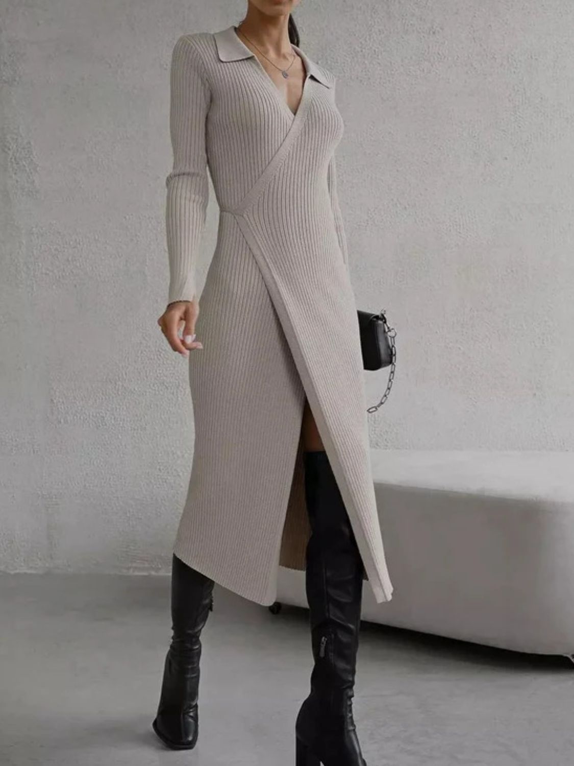 Wrap-front ribbed knit midi dress in Dust Storm with collared neckline and long sleeves.