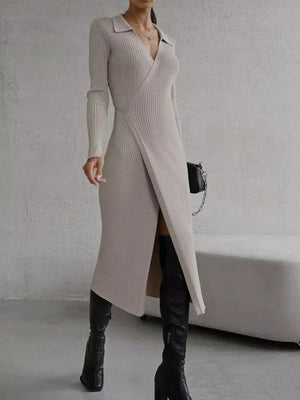 Wrap-front ribbed knit midi dress in Dust Storm with collared neckline and long sleeves.