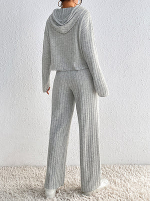 Light gray ribbed knit cropped hoodie and wide leg pants set.