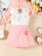 Baby girl pink skort set with white floral applique top and bow detail