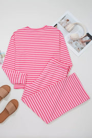 Pink striped cotton crew neck two-piece set with buttons and elastic waist pants.