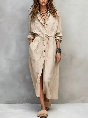 Full Size Button Front Long Sleeve Shirt Dress Plus Size in Apricot, alternate angle