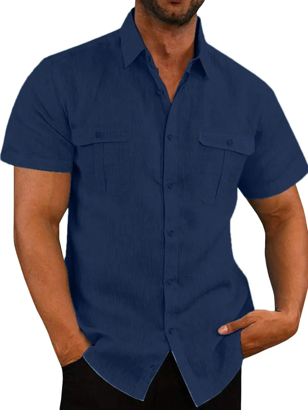 Navy textured linen utility shirt for men, short sleeves, two chest pockets.