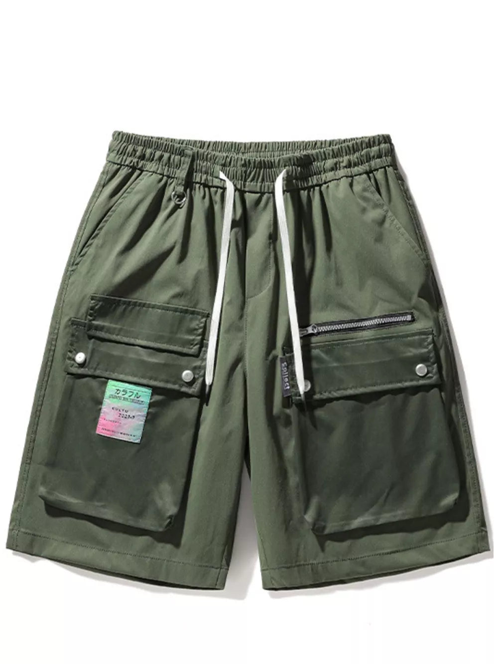Green multi-pocket cargo shorts with drawstring and zip pocket detail.