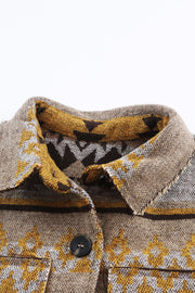 GeoChic collar jacket in camel with geometric pattern and button closure