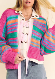 Chunky stripe balloon sleeve cardigan in pink with blue, green, and orange stripes, acrylic knit.