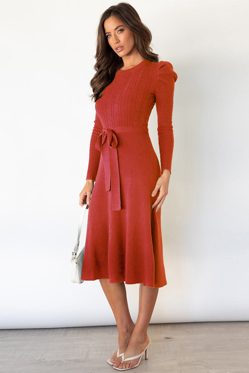 Orange-red cable knit midi dress with puff sleeves and self-tie belt