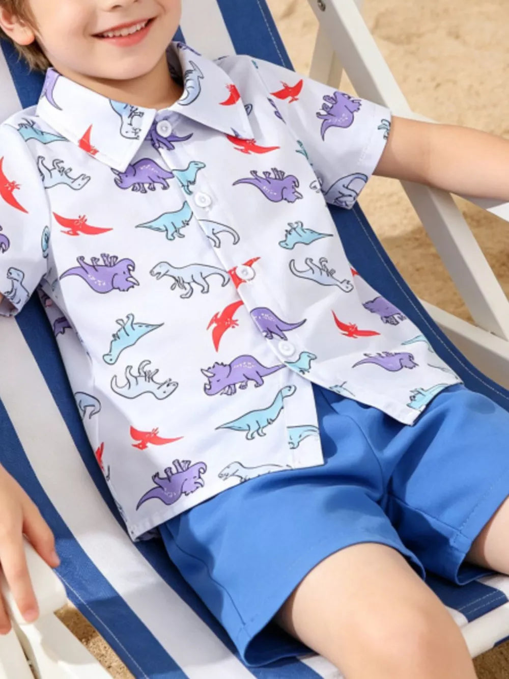 Toddler blue cotton dinosaur adventure shirt and shorts set