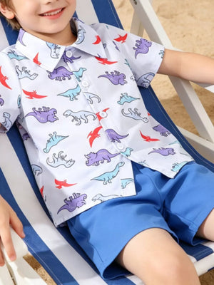 Toddler blue cotton dinosaur adventure shirt and shorts set