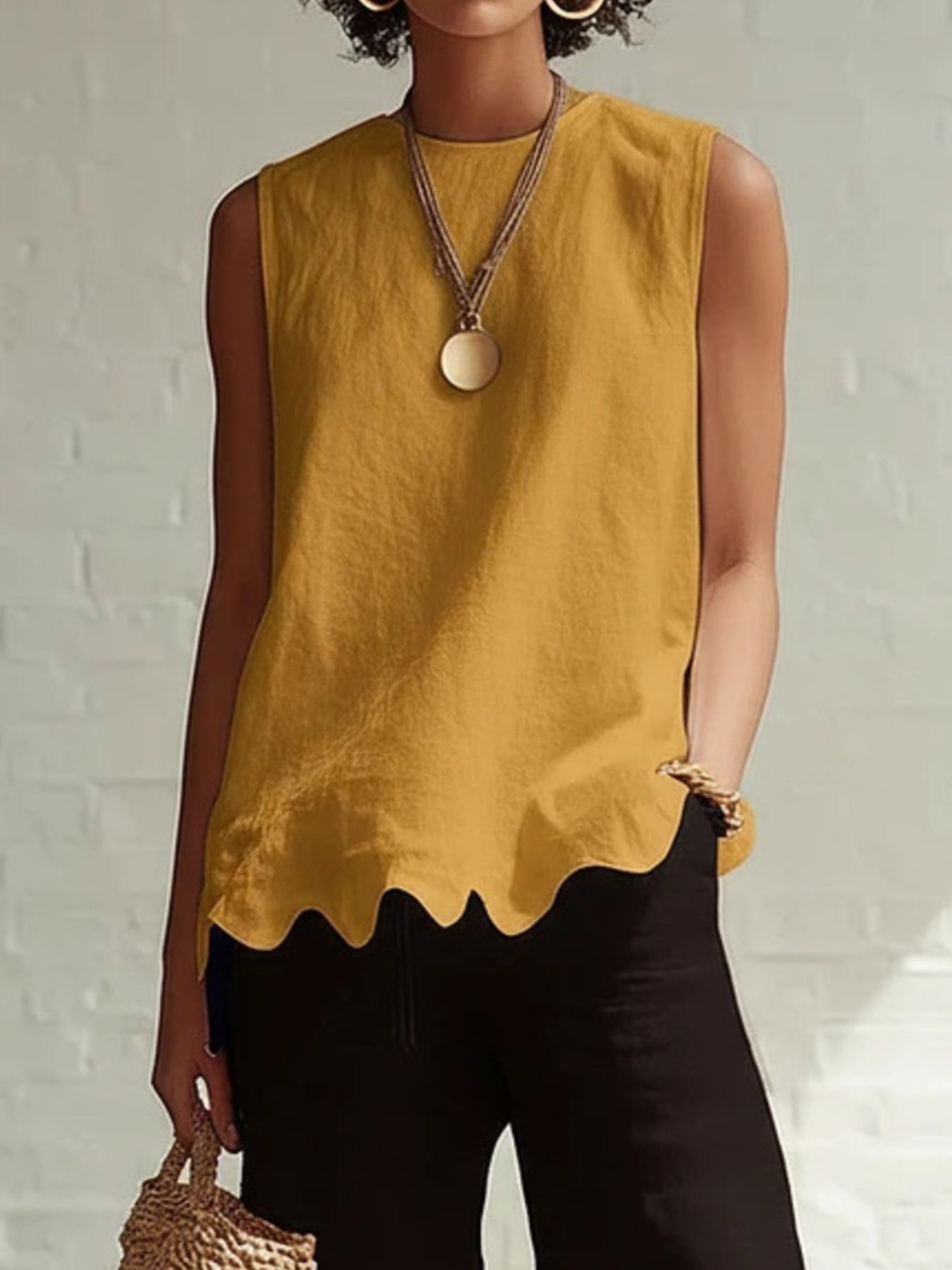 Yellow sleeveless tank top with scalloped hem and round neckline.