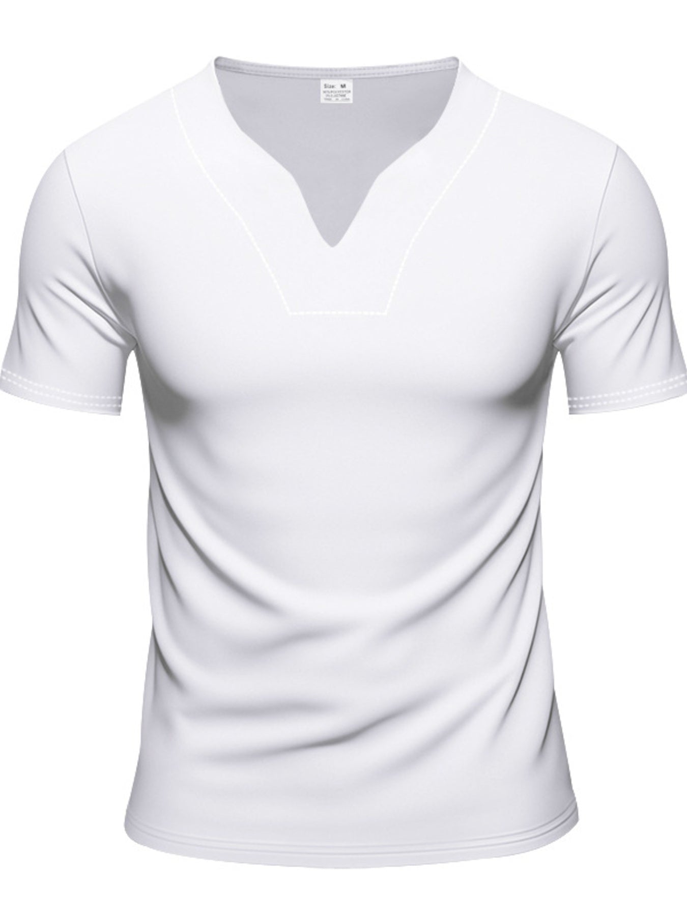 White v-neck tee with notched collar and contrast stitching detail.