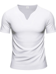 White v-neck tee with notched collar and contrast stitching detail.